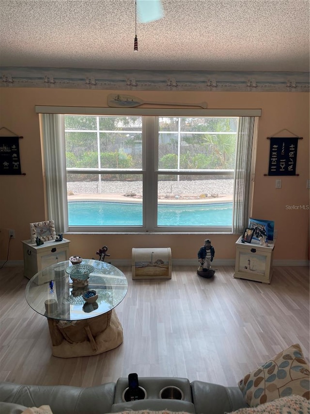 6037 Hickory Grove Ln, Port Orange, FL 32128 - living room with wood finished floors, a textured ceiling, plenty of natural light, and baseboards