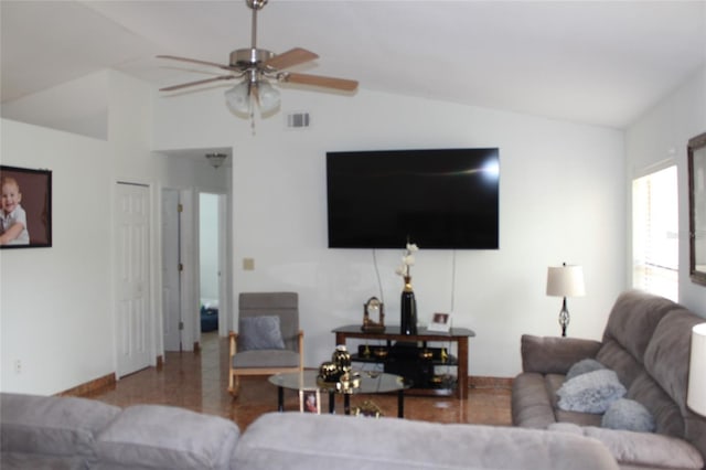 855 San Pedro Ct, Kissimmee, FL 34758 - living room with a ceiling fan, vaulted ceiling, and visible vents
