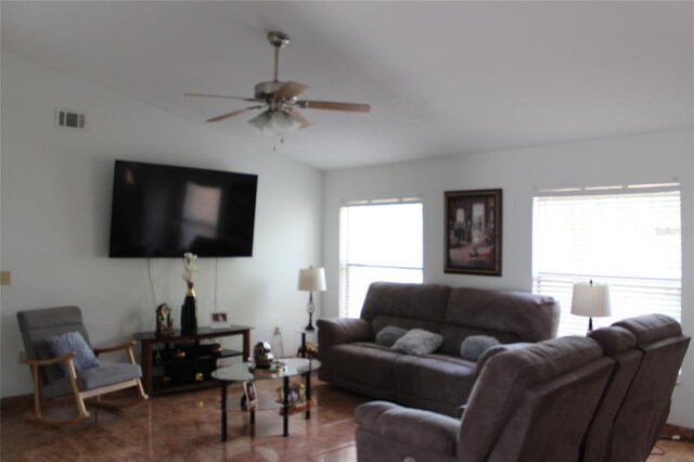 855 San Pedro Ct, Kissimmee, FL 34758 - living room featuring visible vents, lofted ceiling, and a ceiling fan