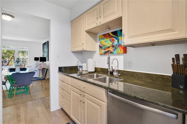 700 Melrose Ave Unit L-23, Winter Park, FL 32789 - kitchen with light wood-style floors, dark stone counters, dishwasher, and a sink