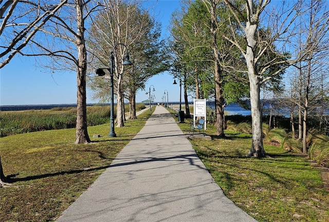view of community featuring a yard and driveway