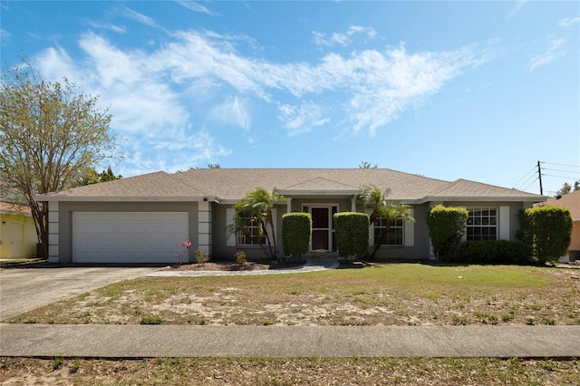 single story home with a garage, stucco siding, concrete driveway, and a front lawn