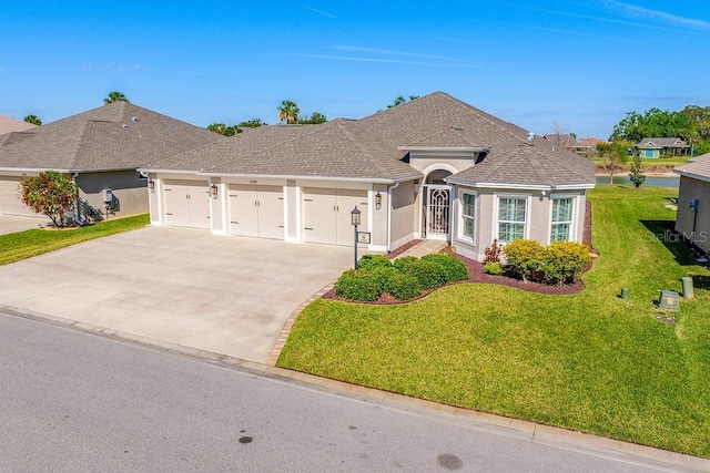 5729 Hickey Way, The Villages, FL 32163 - ranch-style home featuring a garage, concrete driveway, a front lawn, roof with shingles, and stucco siding