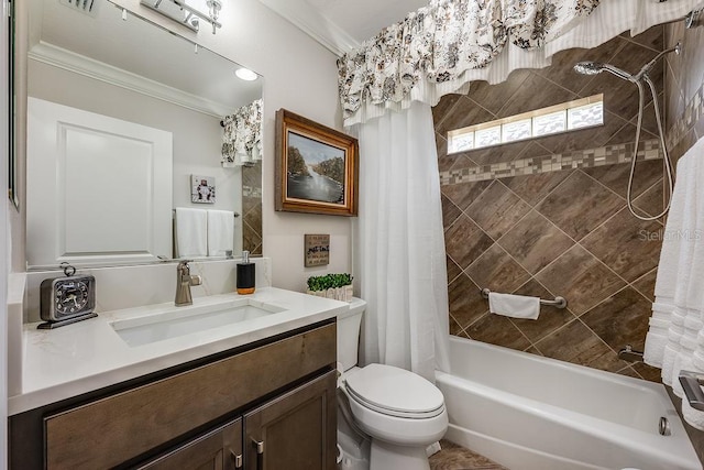 5729 Hickey Way, The Villages, FL 32163 - full bathroom featuring shower / bath combination with curtain, toilet, vanity, and ornamental molding