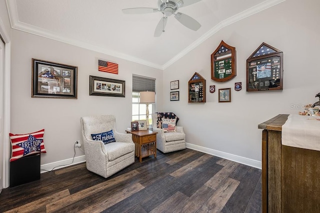 5729 Hickey Way, The Villages, FL 32163 - living area with baseboards, ceiling fan, crown molding, and dark wood finished floors
