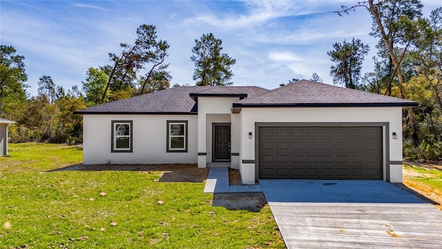 16407 SW 21st Terrace Rd, Ocala, FL 34473 - ranch-style house with concrete driveway, stucco siding, an attached garage, a front lawn, and a shingled roof
