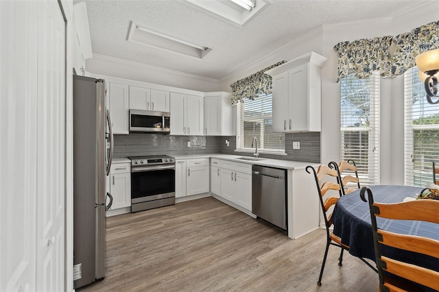 kitchen with appliances with stainless steel finishes, decorative backsplash, a sink, and a wealth of natural light