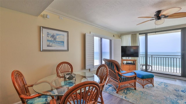 dining space featuring a textured ceiling, wood finished floors, a healthy amount of sunlight, and a ceiling fan