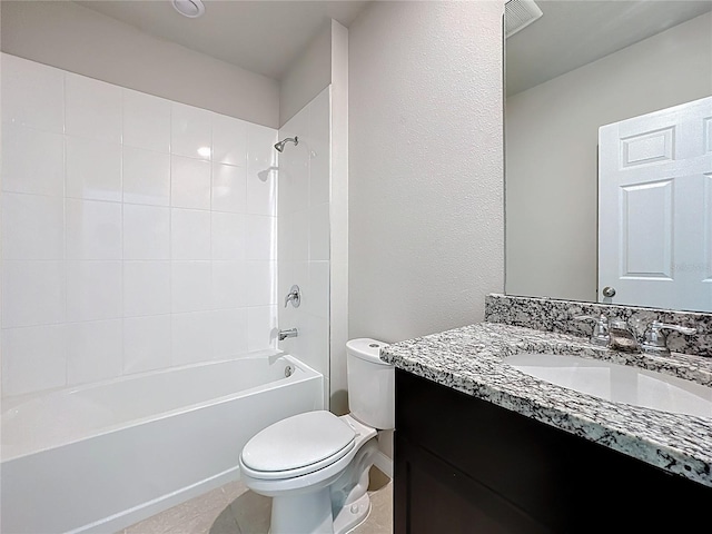 full bath featuring visible vents, toilet, bathing tub / shower combination, tile patterned floors, and vanity