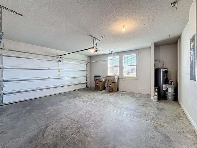 garage featuring concrete block wall, a garage door opener, and water heater