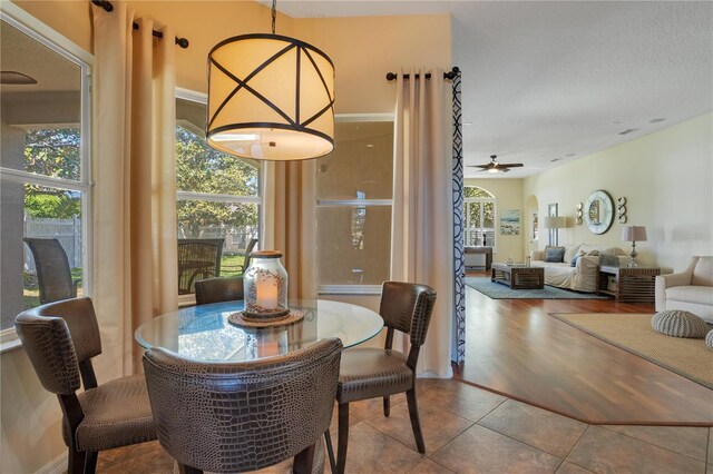 tiled dining space with plenty of natural light, arched walkways, and a ceiling fan
