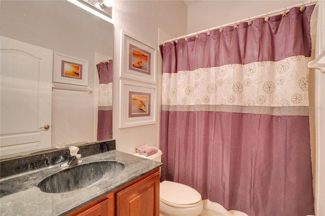 full bathroom with toilet, vanity, and a shower with curtain
