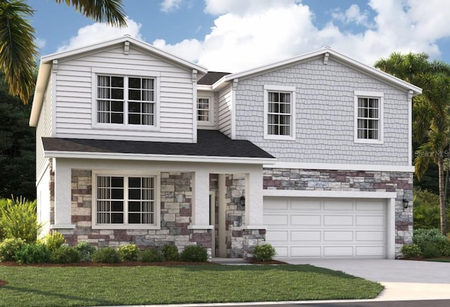 view of front of house with a front lawn, a garage, stone siding, and driveway