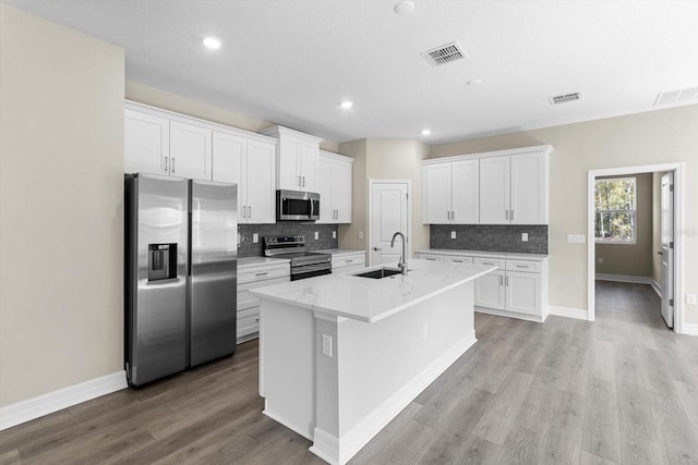 1973 E Celina St, Inverness, FL 34453 - kitchen featuring stainless steel appliances, a sink, backsplash, white cabinetry, and recessed lighting
