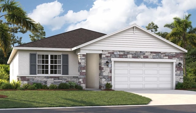 view of front of home with driveway, a front lawn, stone siding, roof with shingles, and an attached garage
