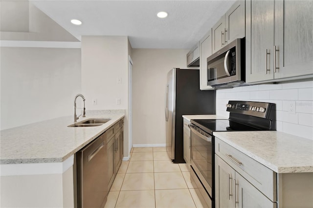 2007 Royal Bay Blvd Unit 144, Kissimmee, FL 34746 - kitchen with decorative backsplash, light tile patterned flooring, a peninsula, appliances with stainless steel finishes, and a sink