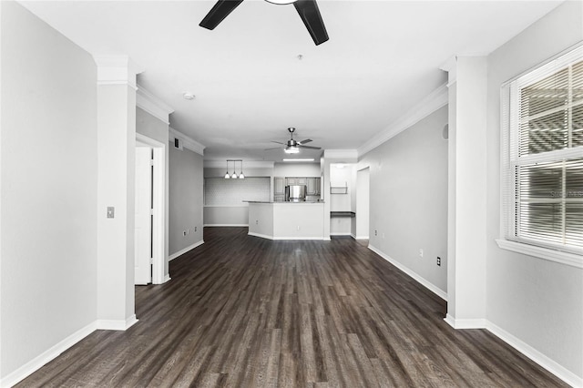 3384 Corona Village Way Unit 202, Orlando, FL 32835 - unfurnished living room with ornamental molding, dark wood-style floors, baseboards, and ceiling fan