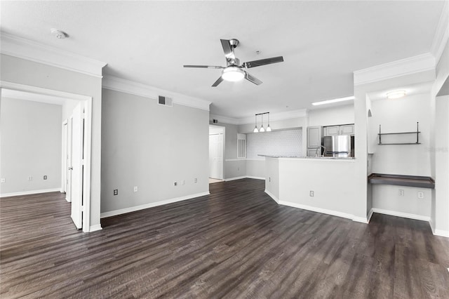 3384 Corona Village Way Unit 202, Orlando, FL 32835 - unfurnished living room with a ceiling fan, dark wood finished floors, baseboards, visible vents, and ornamental molding