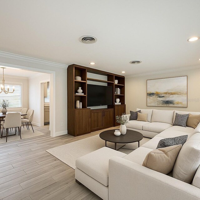 living room featuring crown molding, a chandelier, light wood finished floors, visible vents, and recessed lighting