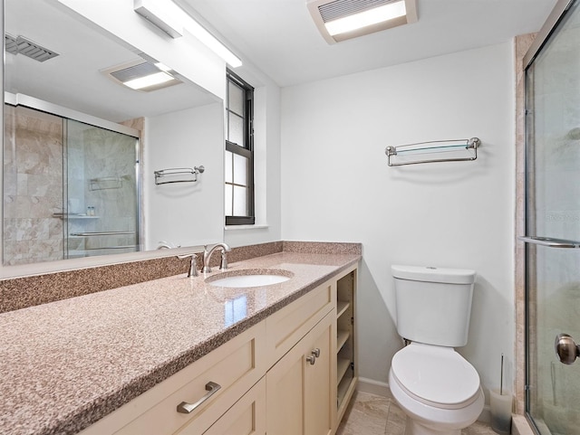full bath with a shower stall, visible vents, and toilet