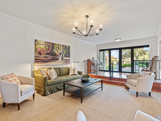 living area with a textured ceiling, an inviting chandelier, and ornamental molding