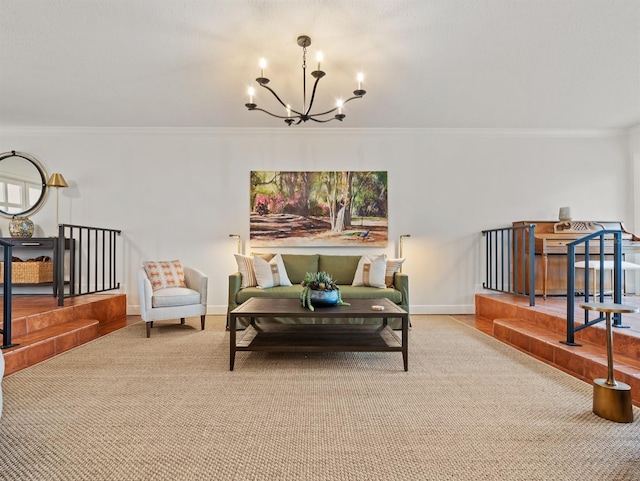 interior space featuring ornamental molding, baseboards, carpet, and a notable chandelier