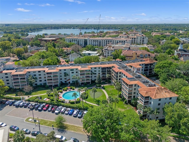 birds eye view of property featuring a water view