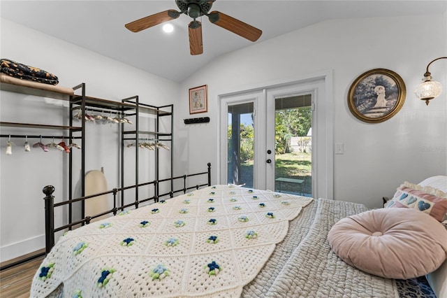 407 E Jersey St, Orlando, FL 32806 - bedroom featuring access to exterior, baseboards, lofted ceiling, wood finished floors, and a ceiling fan