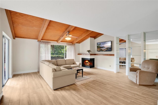living room featuring light wood finished floors, wooden ceiling, lofted ceiling with beams, and a lit fireplace