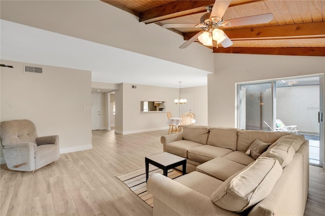 living area with visible vents, light wood-style flooring, ceiling fan with notable chandelier, baseboards, and wood ceiling