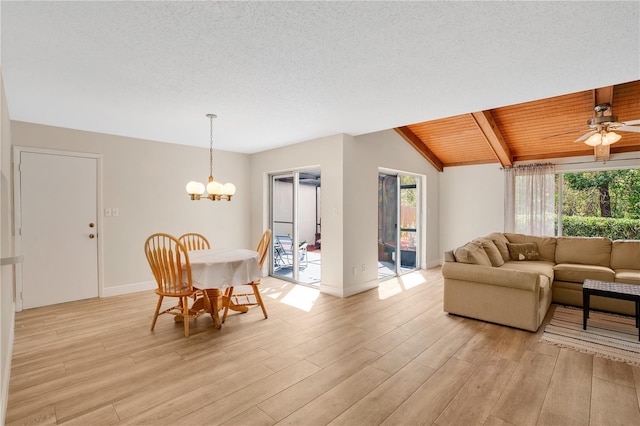 living area featuring light wood-type flooring, lofted ceiling with beams, a textured ceiling, wooden ceiling, and baseboards