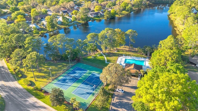 drone / aerial view with a water view