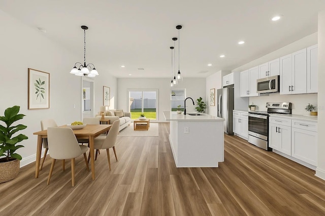 kitchen featuring appliances with stainless steel finishes, a sink, wood finished floors, open floor plan, and light countertops