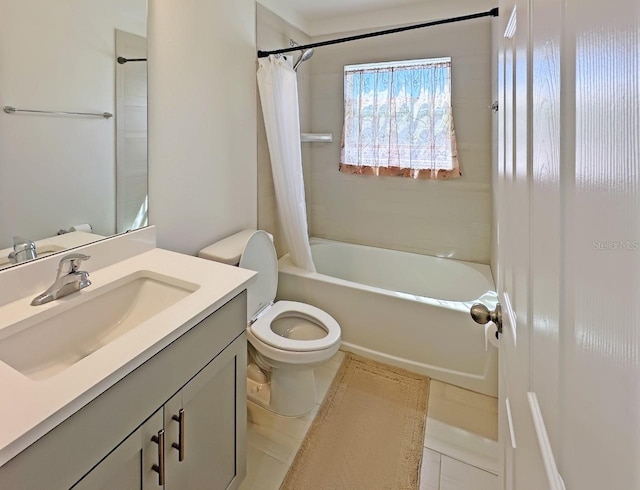 full bathroom featuring vanity, shower / bath combination with curtain, and toilet