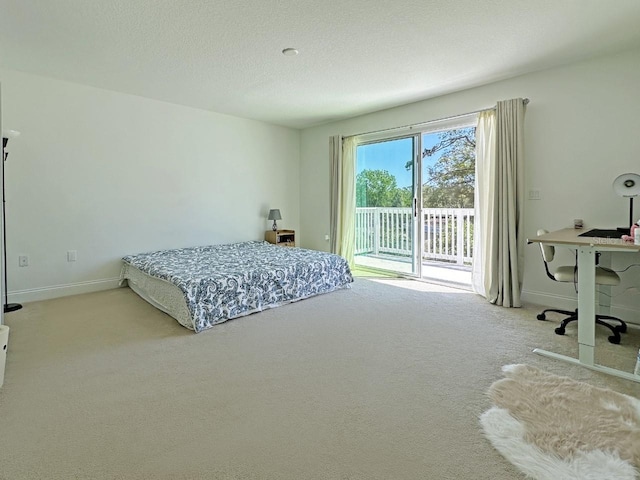 bedroom featuring carpet floors, a textured ceiling, baseboards, and access to outside