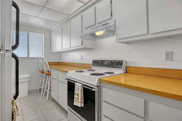 2465 S Washington Ave Unit A402, Titusville, FL 32780 - kitchen with freestanding refrigerator, light countertops, a paneled ceiling, under cabinet range hood, and white range with electric stovetop