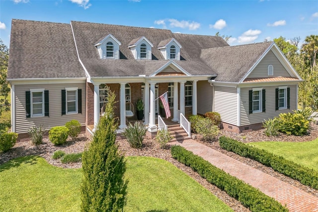 1570 Oakford Rd, Sarasota, FL 34240 - cape cod home featuring a porch, crawl space, a front lawn, and a shingled roof