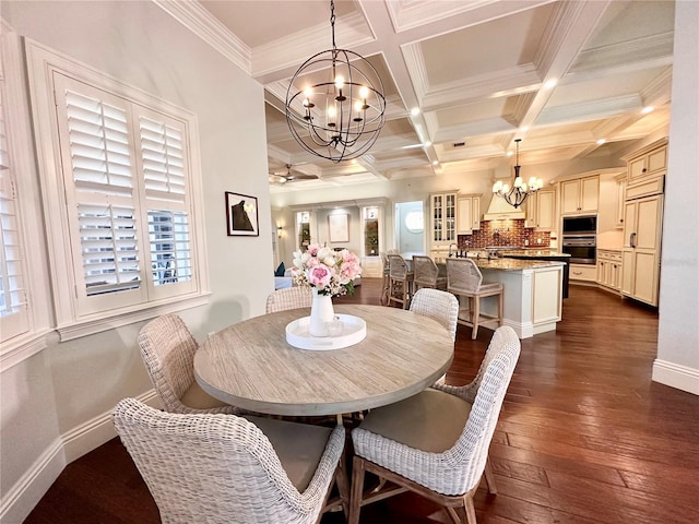 1570 Oakford Rd, Sarasota, FL 34240 - dining room featuring a chandelier, dark wood-style floors, beam ceiling, baseboards, and coffered ceiling