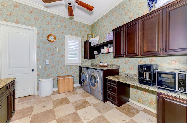 1570 Oakford Rd, Sarasota, FL 34240 - laundry room featuring separate washer and dryer, a ceiling fan, baseboards, and ornamental molding