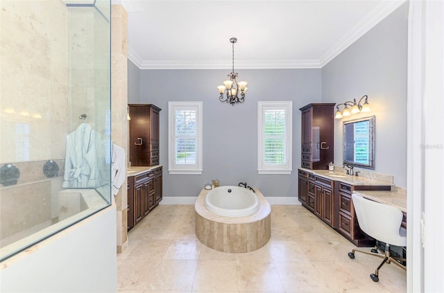 1570 Oakford Rd, Sarasota, FL 34240 - full bath with a bath, two vanities, a tile shower, crown molding, and a chandelier
