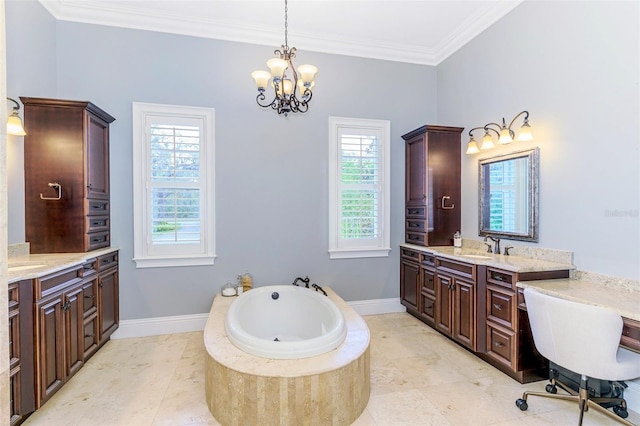 1570 Oakford Rd, Sarasota, FL 34240 - bathroom featuring healthy amount of natural light, a chandelier, crown molding, two vanities, and a garden tub