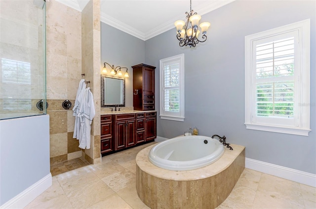 1570 Oakford Rd, Sarasota, FL 34240 - full bathroom featuring a chandelier, crown molding, a garden tub, walk in shower, and vanity