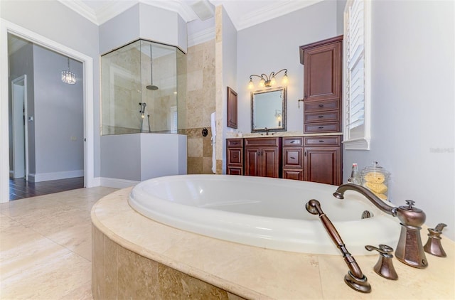 1570 Oakford Rd, Sarasota, FL 34240 - full bath with ornamental molding, walk in shower, a garden tub, vanity, and baseboards