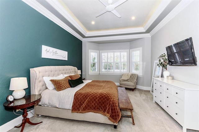 1570 Oakford Rd, Sarasota, FL 34240 - bedroom with light carpet, a tray ceiling, crown molding, and baseboards