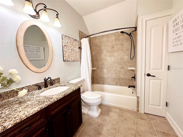 1570 Oakford Rd, Sarasota, FL 34240 - bathroom with shower / bath combo, vanity, toilet, tile patterned floors, and vaulted ceiling