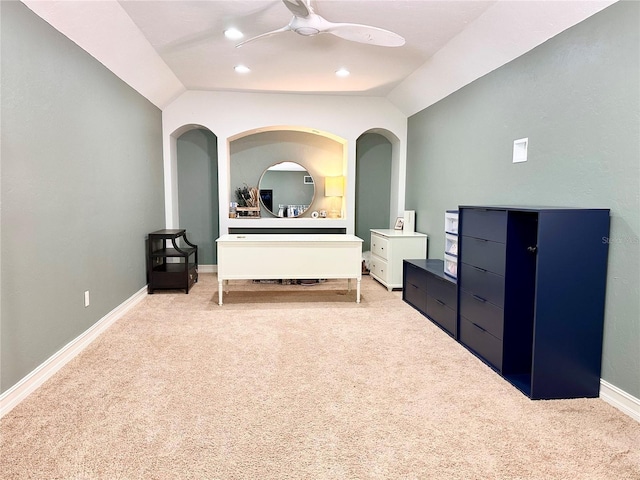 1570 Oakford Rd, Sarasota, FL 34240 - bedroom with vaulted ceiling, light carpet, a ceiling fan, baseboards, and recessed lighting