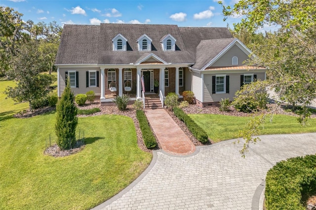 1570 Oakford Rd, Sarasota, FL 34240 - new england style home with covered porch, crawl space, a front lawn, and roof with shingles