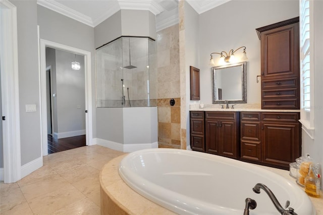 1570 Oakford Rd, Sarasota, FL 34240 - full bathroom with a garden tub, a walk in shower, vanity, crown molding, and tile patterned flooring