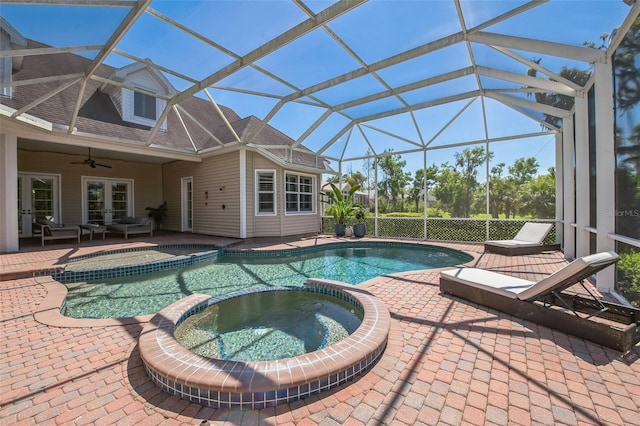 1570 Oakford Rd, Sarasota, FL 34240 - view of pool with french doors, a pool with connected hot tub, a ceiling fan, and a patio area