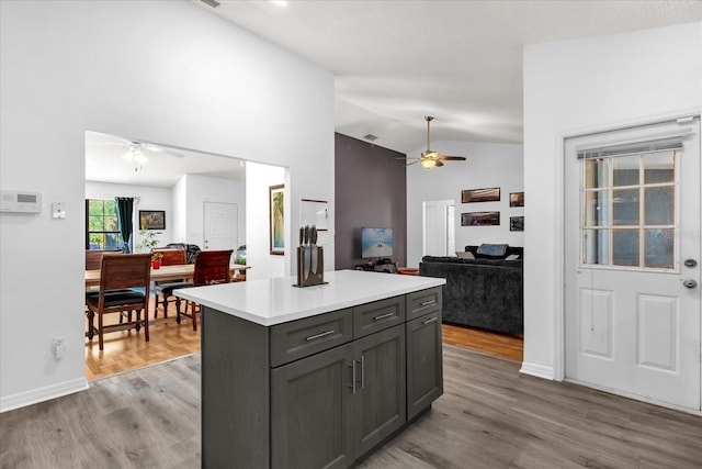 10400 Hunters Trail Ct, Orlando, FL 32817 - kitchen featuring light wood-type flooring, a kitchen island, gray cabinetry, and ceiling fan